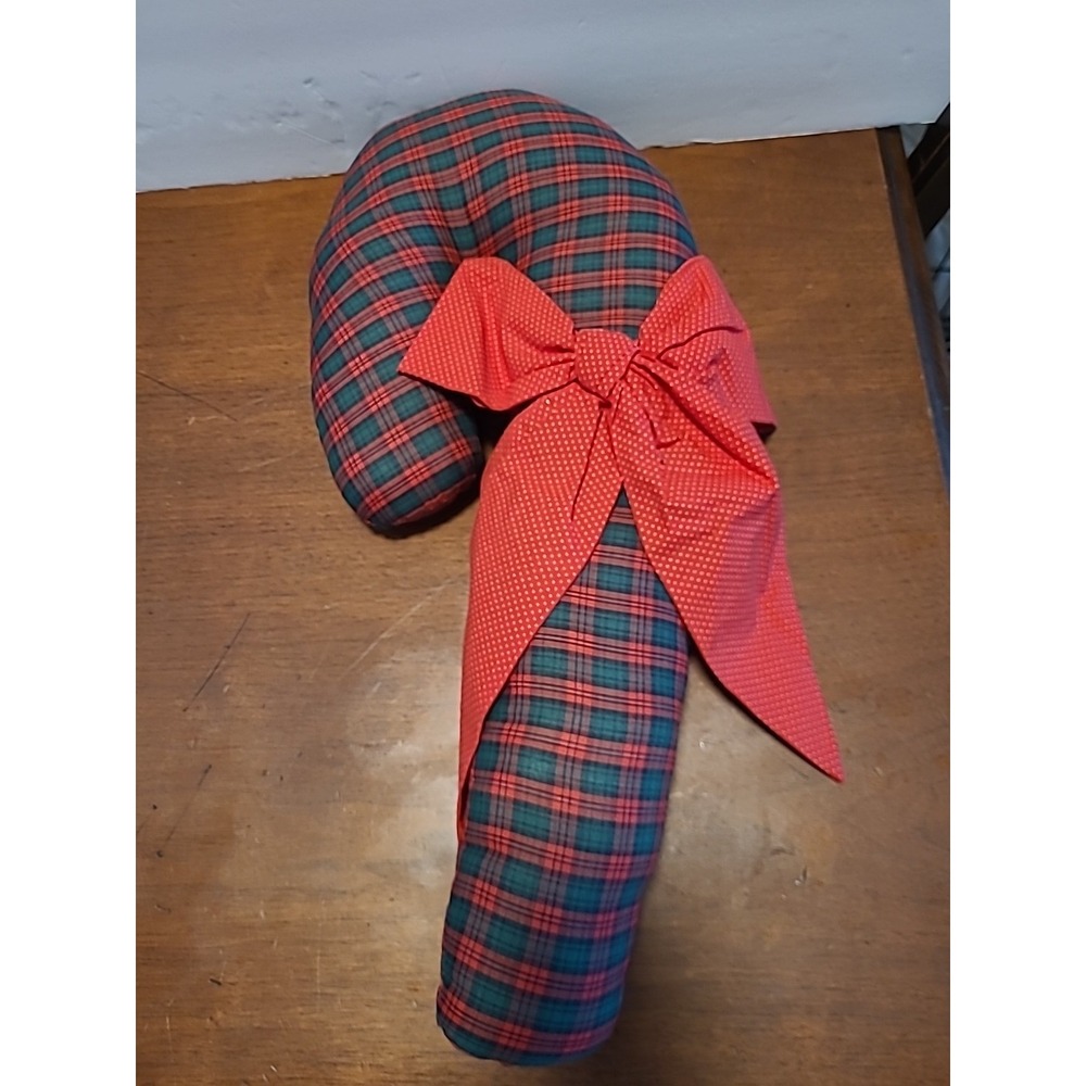 Vinatge Plaid Red Green 20"‎ Candy Cane Shaped Pillow Red Bow Christmas Holiday